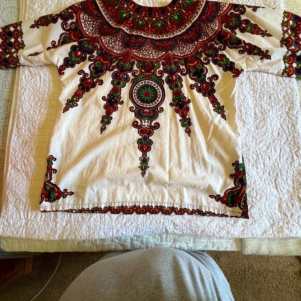 Cute vintage blouse/shirt - white and multi-color design made in Jamaica